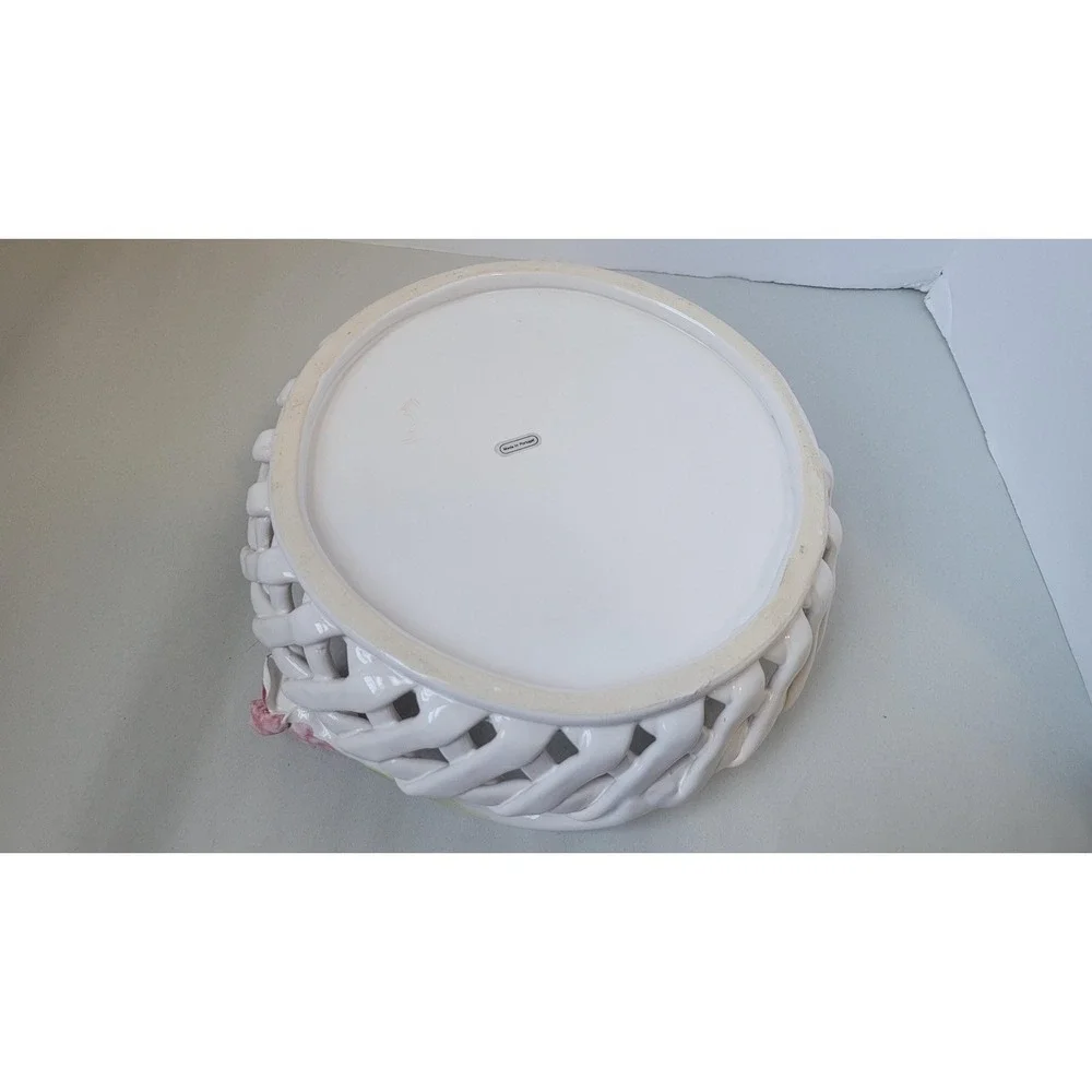 Vintage White Ceramic Lattice Rim Serving Tray With Tulip‎ Handles